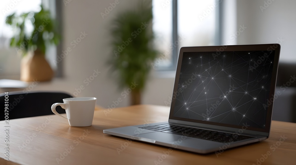 Fototapeta premium A modern workspace featuring a laptop displaying a network grid and a cup of coffee on a wooden desk