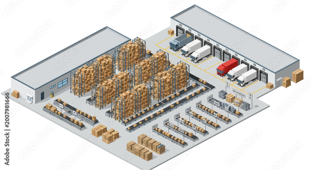 Obraz premium Warehouse interior with pallet racks forklifts and trucks.