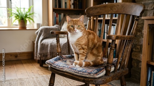 Ginger cat sits on wooden chair inside home near window with green house plant.