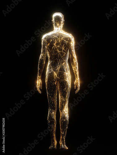 Futuristic human silhouette made of glowing golden neural networks and light particles on a black background. Concept of artificial intelligence, digital soul, and biohacking