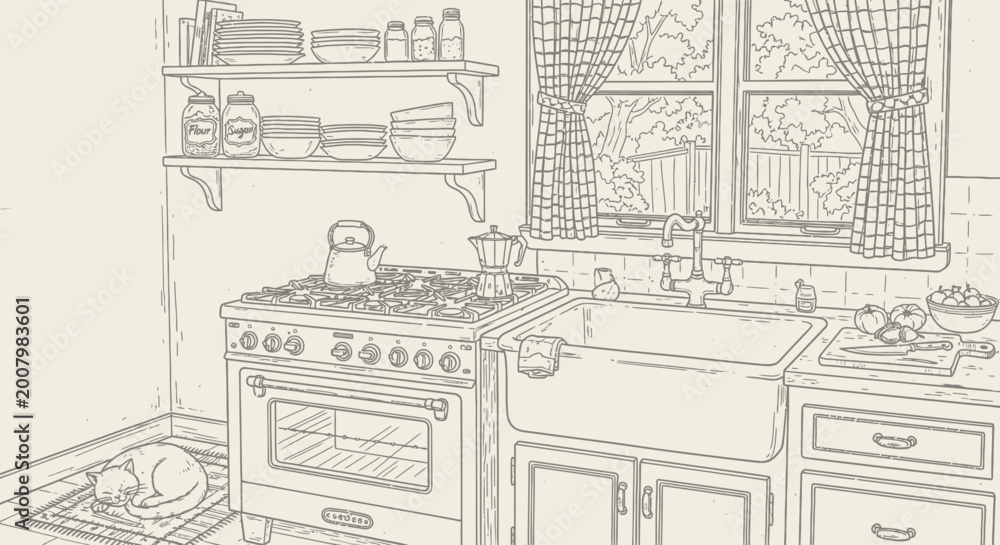 Fototapeta premium Cozy vintage kitchen interior line art with classic gas stove, farmhouse sink, and sleeping cat, hand-drawn sketch illustration