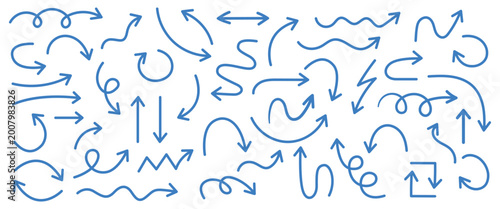 Hand-drawn blue arrow set, various curvy and straight shapes isolated on transparent background