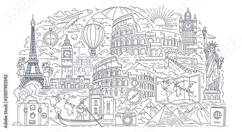 Detailed hand-drawn line art illustration depicting diverse global travel destinations, historic architecture, and adventure journey elements