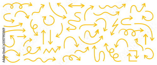 Collection of hand drawn yellow arrows and doodle symbols on a isolated on transparent background