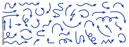 Set of hand-drawn blue arrows with various curvy, wavy, and isolated on transparent background