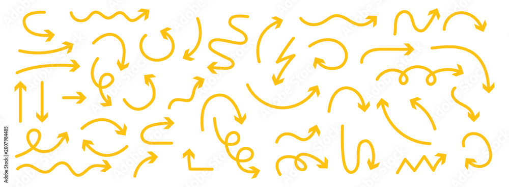 Obraz premium Collection of hand drawn yellow arrows in various shapes and isolated on transparent background