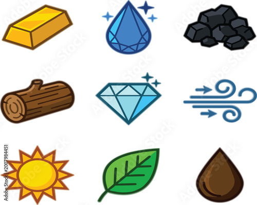 Fotografie Natural Resources Icon Set with Gold Water Coal Wood Diamond Wind Sun Leaf and O