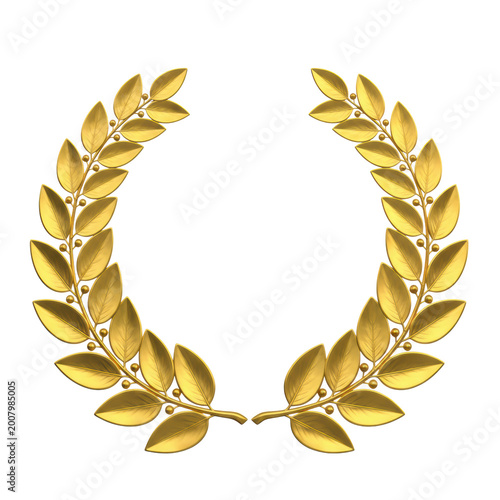 Symmetrical golden laurel wreath with fine textured leaves and metallic berries isolated on white background, symbolizing prestige and timeless victory atmosphere