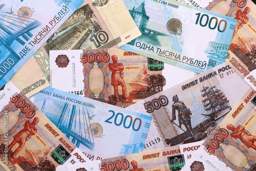 Bild auf Leinwand Russian ruble money bills pile on table