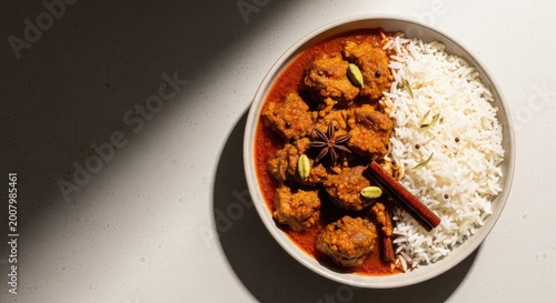Succulent chunks of slow-cooked goat meat simmered in a rich, aromatic curry sauce, served alongside fluffy white rice in a ceramic bowl, steaming, bowl, lunch