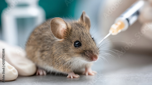 Close-up of mouse receiving injection in laboratory setting