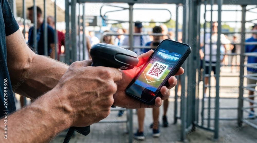 Obraz premium Security staff scanning a digital ticket qr code on a smartphone screen at a stadium entrance gate