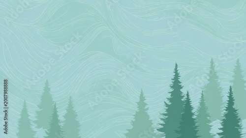 Stylized evergreen forest with wave patterns. AI generated