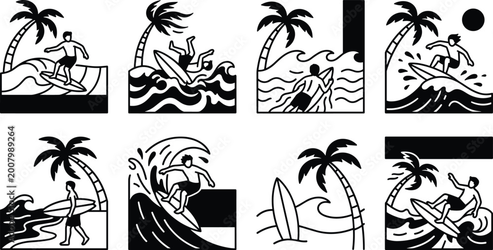 Fototapeta premium Black and white illustrations of surfing scenes with palm trees