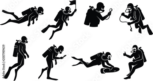 Foto scuba divers in various poses vector illustration