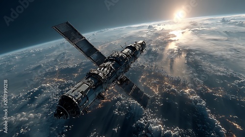 Modern space satellite with extended solar panel wings images