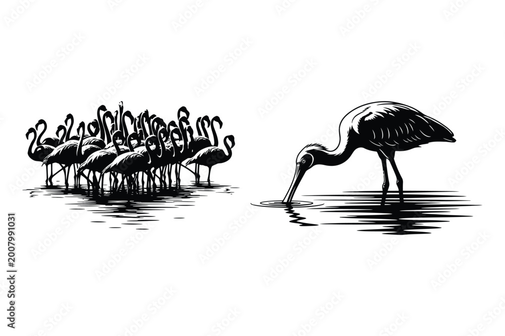 Obraz premium Flock of flamingos and a solitary heron feeding in water with flamingos