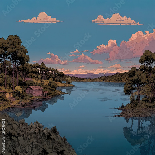 Lake reflecting pink clouds at sunset illustration