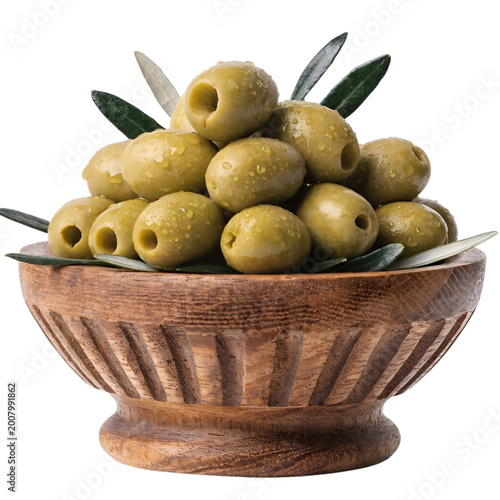 Fresh Green Pitted Olives in Rustic Wooden Bowl with Olive Leaves Isolated on White Background