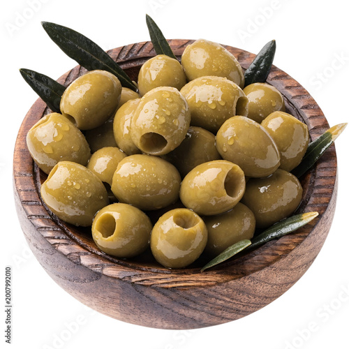 Fresh Green Pitted Olives in Rustic Wooden Bowl with Olive Leaves Isolated on White Background