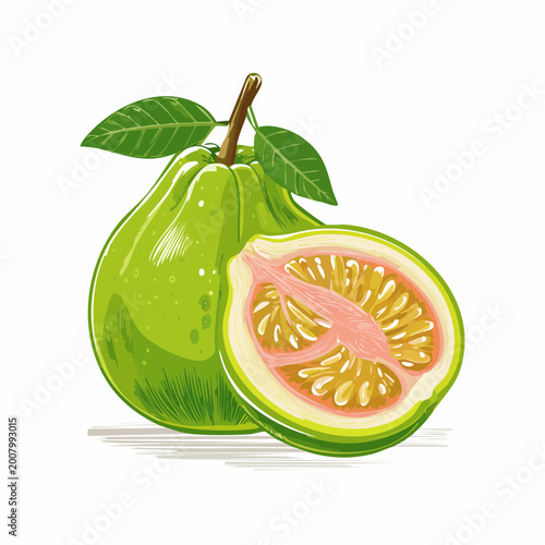 A vibrant green guava fruit cut in half beside its whole counterpart