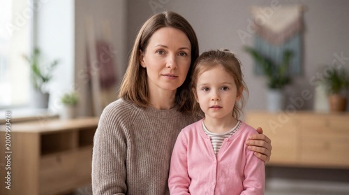 Woman embracing young girl in cozy living room. Mother and daughter expressing concern. International day of missing children awareness and family safety concept