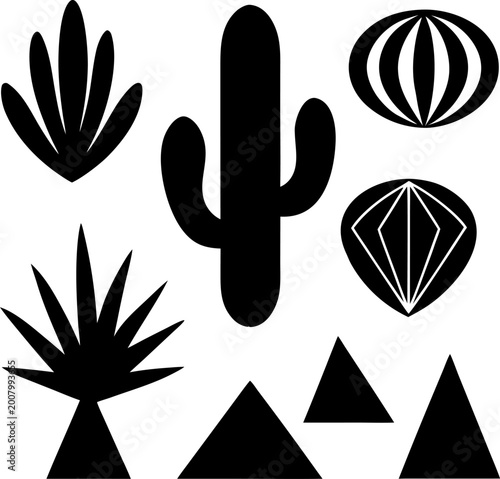 Desert flora silhouettes including cactus, agave, and abstract shapes with mountain forms on gray background.