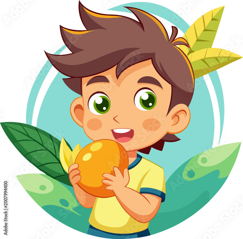 Happy boy cartoon holding an orange fruit with a big smile, surrounded by green leaves and a blue circular background.