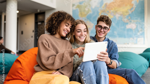 Diverse young adults sharing tablet on cozy bean bags in bright room with world map