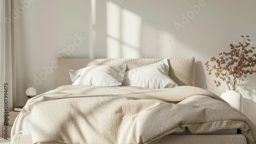 Minimalist bedroom bathed in morning sunlight