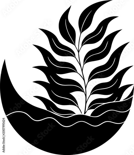 Stylized black silhouette of crescent moon shaped bowl with plant growing from water, nature and wellness concept.