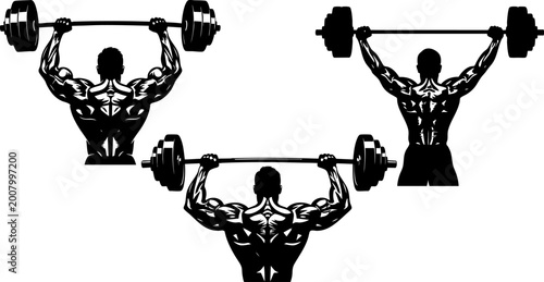 Bodybuilder weightlifting silhouette vector set, muscular athlete lifting heavy barbell overhead, fitness gym workout icons for bodybuilding