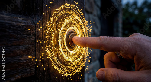 Finger presses vintage doorbell surrounded by mesmerizing, swirling vortex of glowing golden digital particles, evoking sense of futuristic or magical entry into ancient structure.