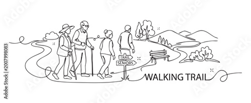 Continuous line drawing of active seniors on a walking trail in nature for an active aging and healthy retirement concept, featuring minimalist vector art in black and white