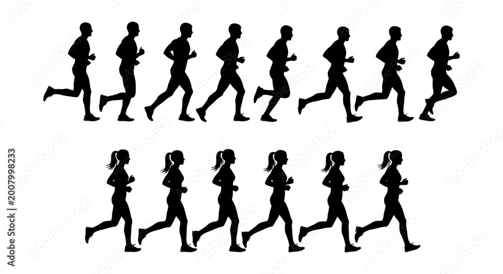 Obraz premium men and women running silhouettes illustrating fitness and sport