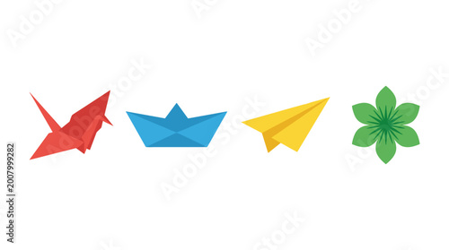 vector origami paper folding art set with red paper crane blue boat yellow airplane plane and