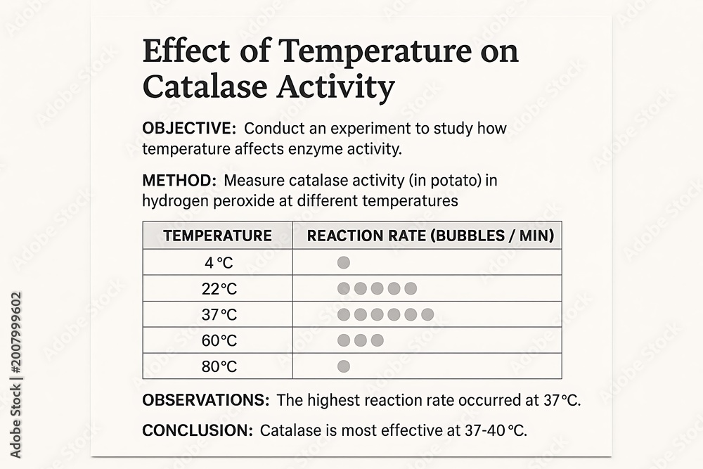 Fototapeta premium “Conduct an experiment to study how temperature affects enzyme activity. Use catalase (e.g., in potato or liver) with hydrogen peroxide, and measure reaction rates at various temperatures. Record you