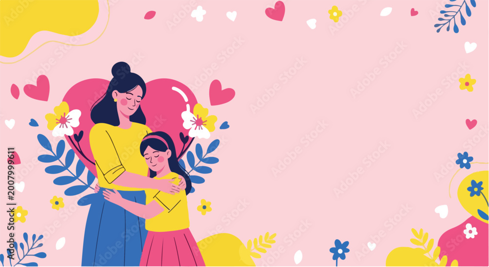Fototapeta premium Happy Mother Day illustration of a mother and daughter in a colorful floral heart background