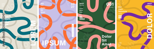 Abstract Wavy Line Poster Vector Collection ; Set of four colorful posters featuring minimalist wavy lines art and bold typography background set. Perfect for modern branding and digital art projects.