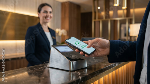 Customer making a fast contactless mobile payment with a smartphone at a luxury hotel reception desk. Modern digital technology, travel hospitality, and safe checkout.