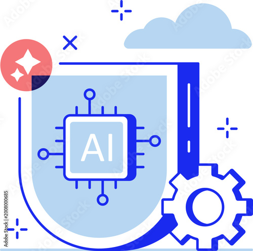 Ai microchip and shield and gear representing secure machine learning technology systems vector illustration