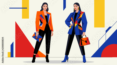 Fashionable Women in Colorful Geometric Outfits on Abstract Background