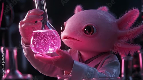 A curious axolotl scientist in a white lab coat holds a glowing pink flask as captured in the video file named A curious axolotl scientist in a white lab coat holds a glowing pink flask.