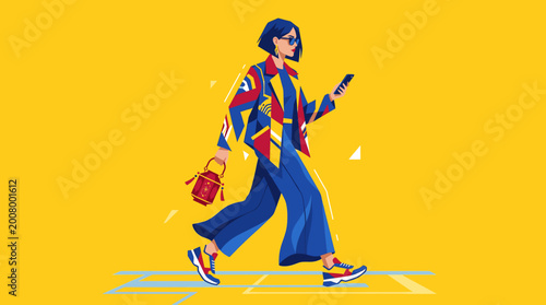 Fashionable Woman Walks with a Lantern and Phone in a Stylish Outfit