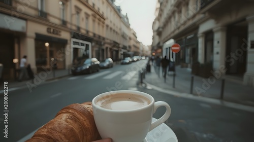 Hand holding coffee cup and croissant on a city street
