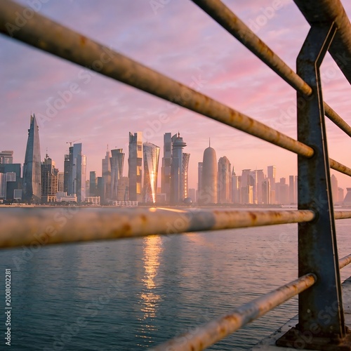 Doha skyline at sunrise with rusty railing in foreground
