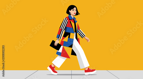 Woman Walks Confidently Wearing a Colorful Geometric Coat and White Pants