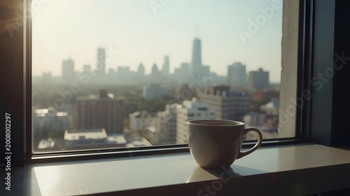 Coffee Cup on Windowsill Overlooking City Skyline