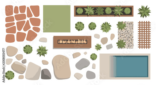 Down view of outdoor living space including pool patio stones plants and fireplace aerial view landscape garden patio stones