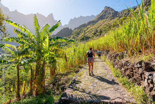 unidentified woman,path through the Paul Valley, hiking to the Vineyards Waterfall, starting from the village of Xoxo, Santo Antão Island